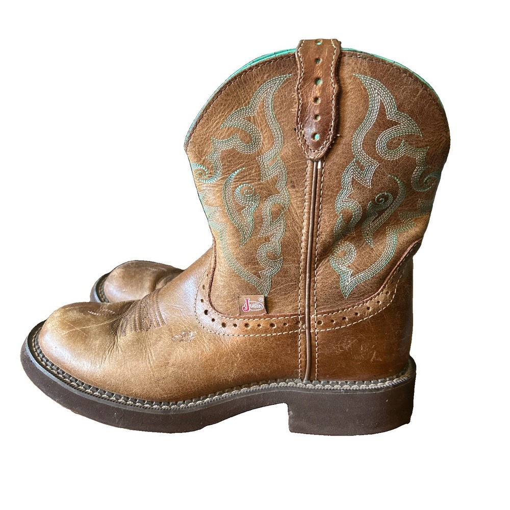 Justin Gypsy Women's Brown Leather Teal Embroidered Western Cowboy Boots Size 9B